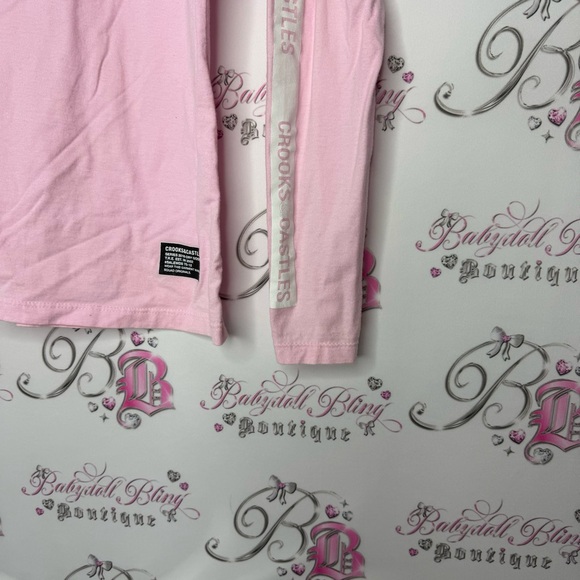 Crooks & castles long sleeve top pink white logo on arms striped rare retro cute - Picture 5 of 7